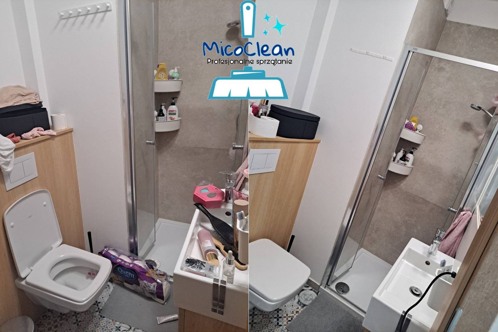 Łazienka przed i po sprzątaniu: po lewej widoczny bałagan, po prawej czysta, uporządkowana przestrzeń z kabiną prysznicową i umywalką. Logo firmy sprzątającej w tle.