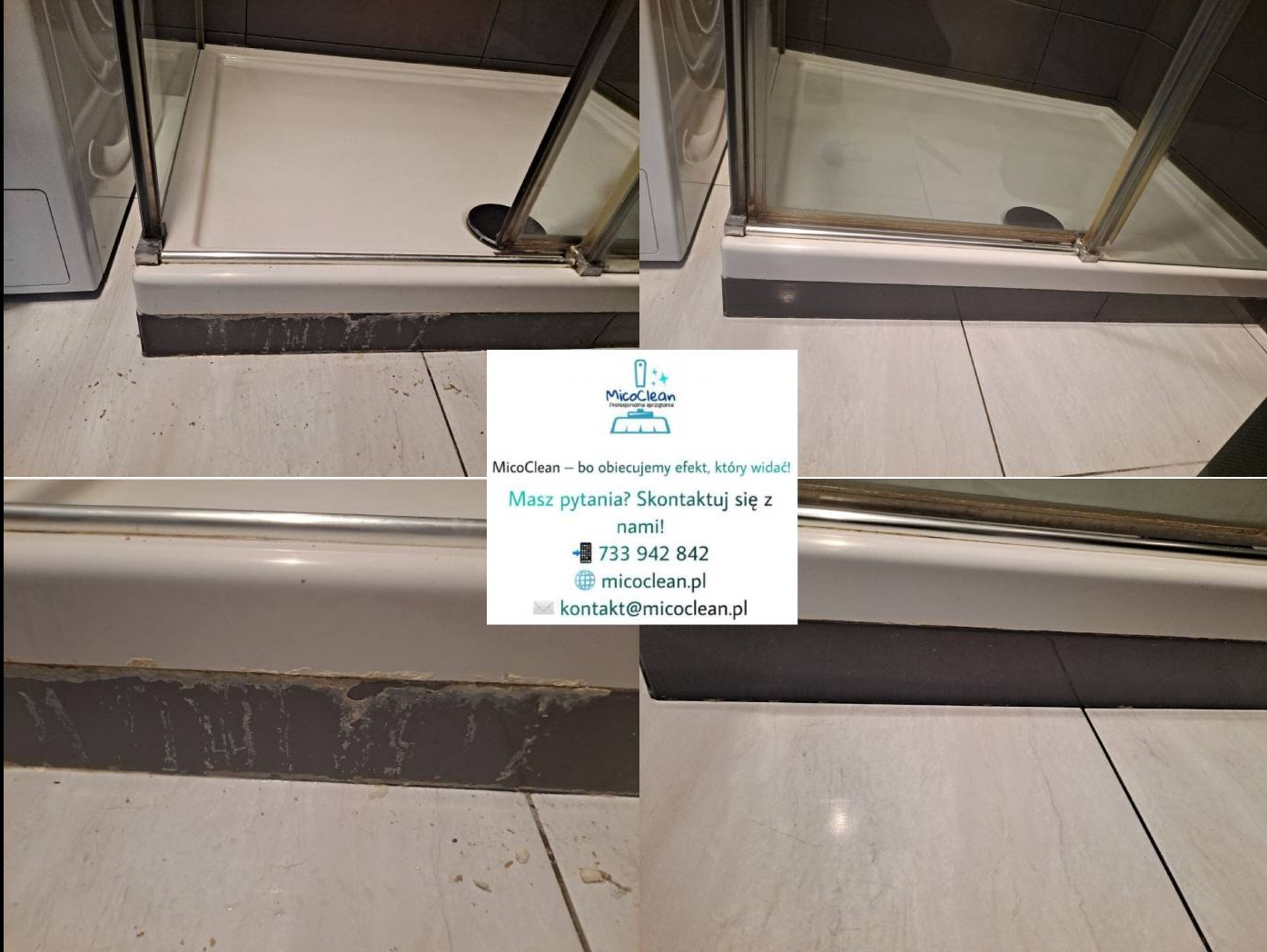 Czteropanelowe zbliżenie na detale kabiny prysznicowej przed i po czyszczeniu, z widocznymi zabrudzeniami i efektem odświeżenia. Logo firmy sprzątającej w centrum.