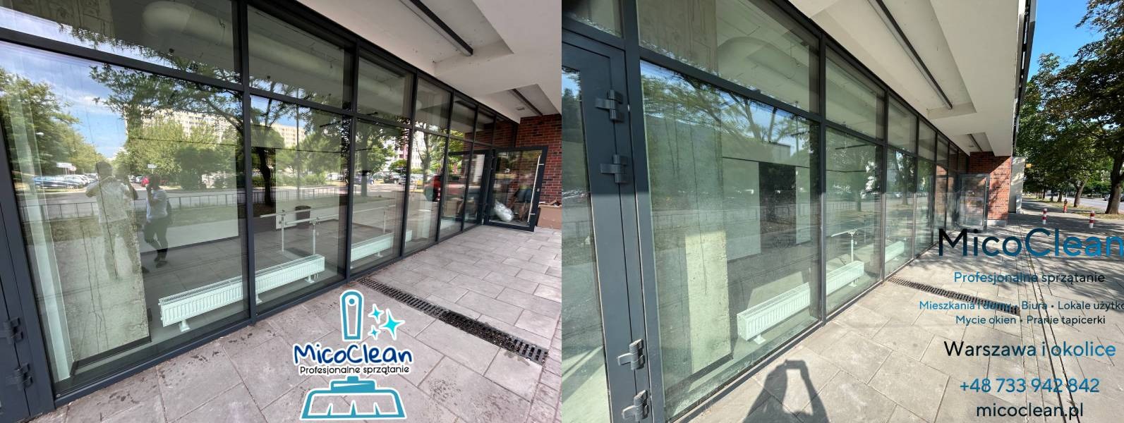 Szklana fasada budynku biurowego po umyciu, z widocznym logo firmy sprzątającej MicoClean. Czyste okna odbijają otoczenie, w tym zieleń drzew i chodnik.