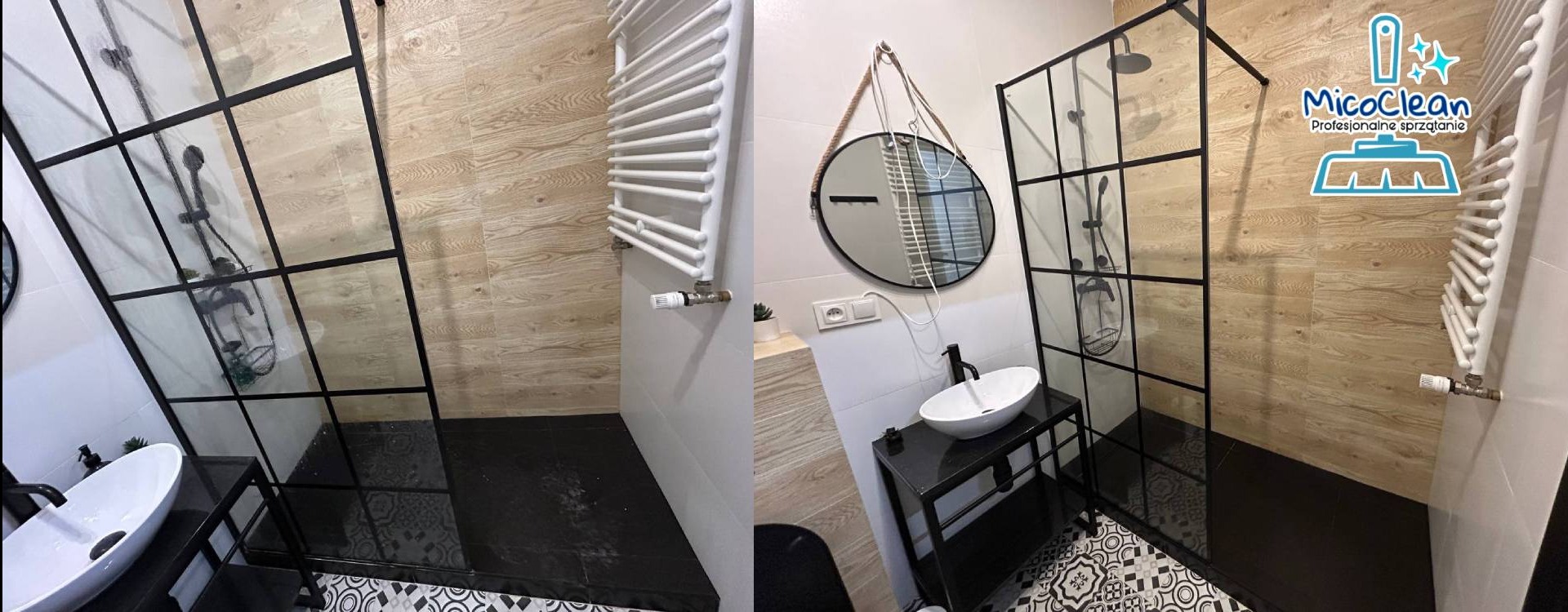 Wnętrze łazienki po sprzątaniu: kabina prysznicowa z czarną ramą, biała umywalka na czarnym stelażu, okrągłe lustro i grzejnik drabinkowy. Widoczny fragment podłogi z wzorem.
