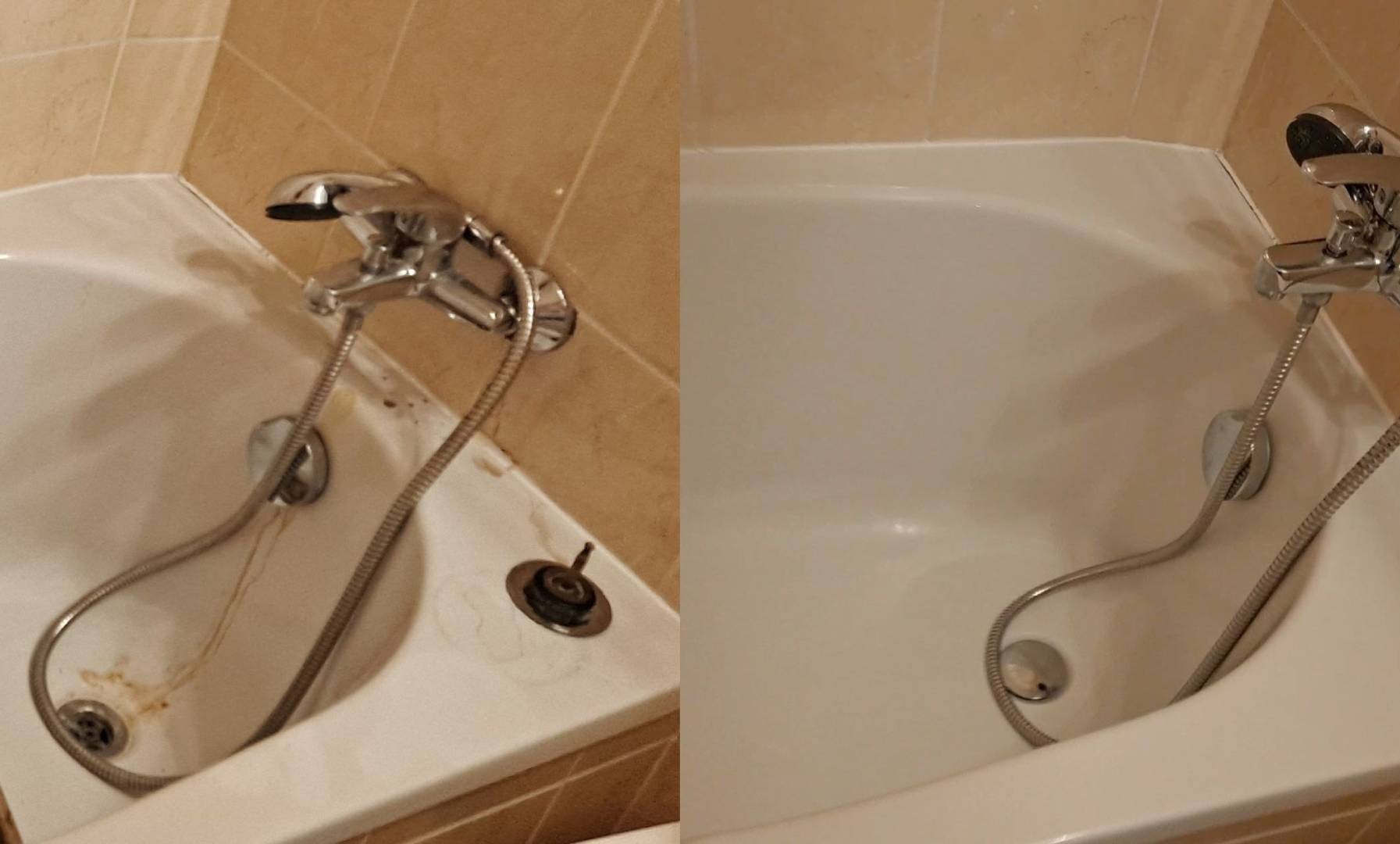 Zdjęcie 'przed i po' czyszczenia wanny z brązowymi zabrudzeniami, z widoczną baterią i słuchawką prysznicową. Po prawej stronię wanna jest czysta.
