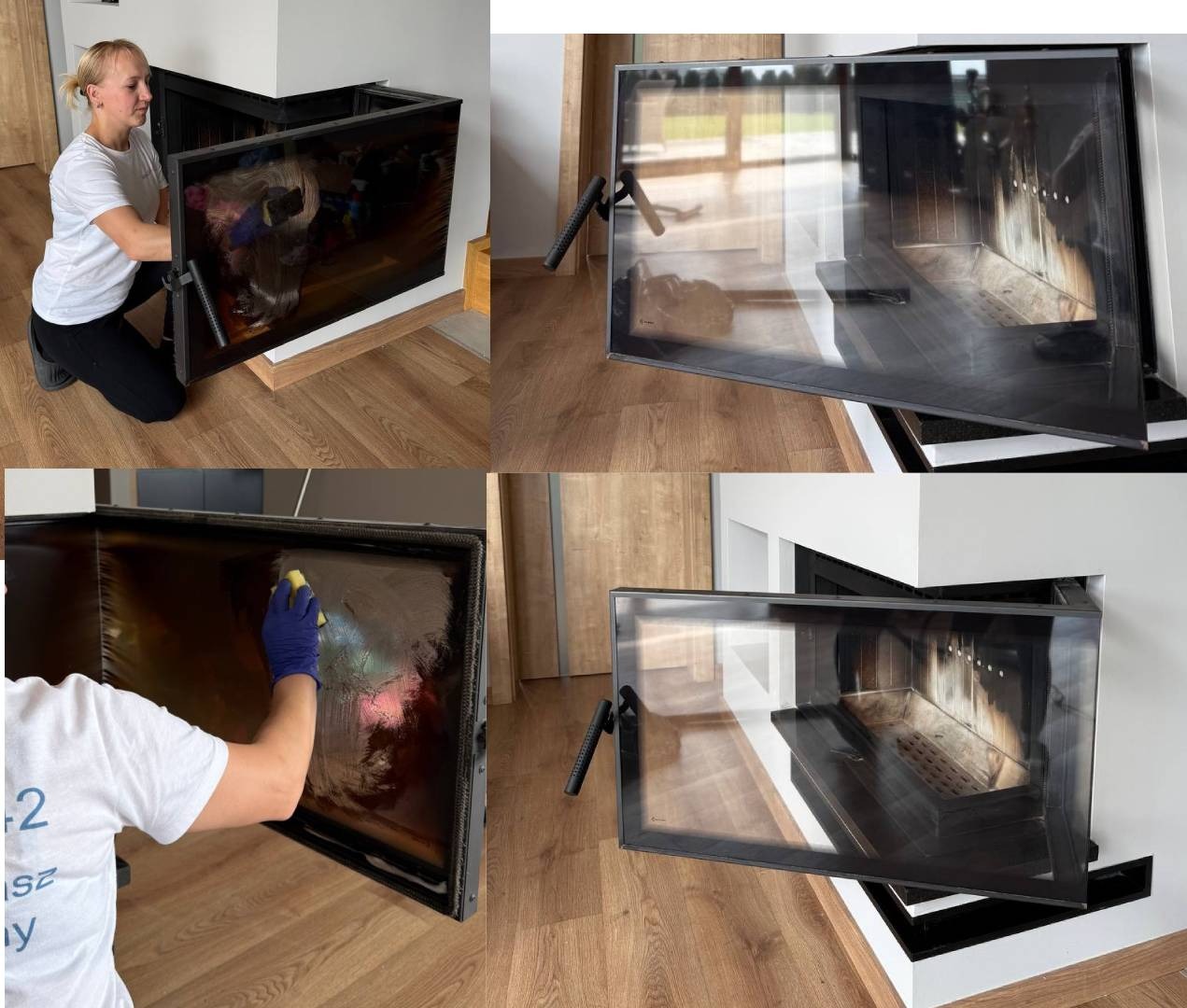 Czyszczenie szyby kominkowej: kobieta klęczy, myjąc zabrudzoną szybę kominka gąbką. Widoczne czyste i brudne szyby kominkowe w różnych ujęciach.