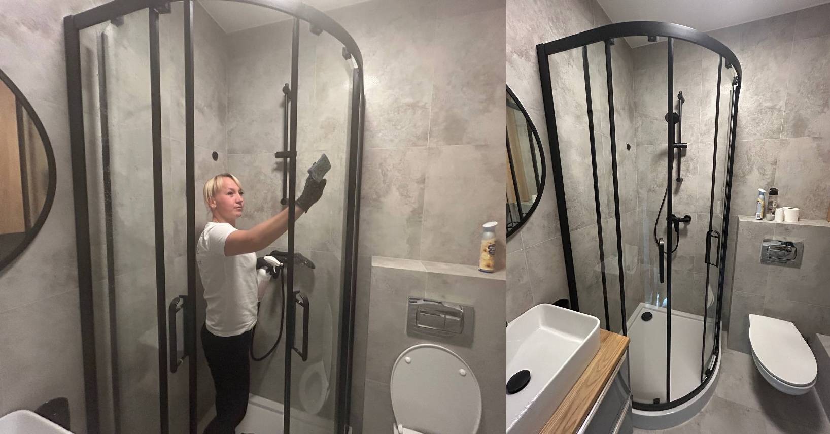 Sprzątanie kabiny prysznicowej z czarnymi profilami przez osobę w rękawicach ochronnych. Widok na umywalkę i toaletę w szarej łazience.