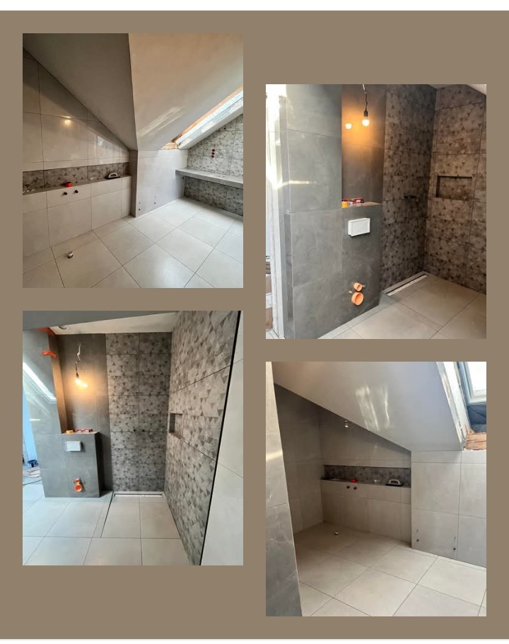 Cztery kadry z remontowanej łazienki na poddaszu: jasne i szare płytki, zabudowa pod skosem, surowa żarówka, widoczne elementy instalacji.