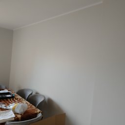 Help Projekt - Jasna ściana po malowaniu, widoczna listwa przysufitowa. Częściowo widoczny stół z krzesłami i kartonowe pudła w rogu pokoju.
