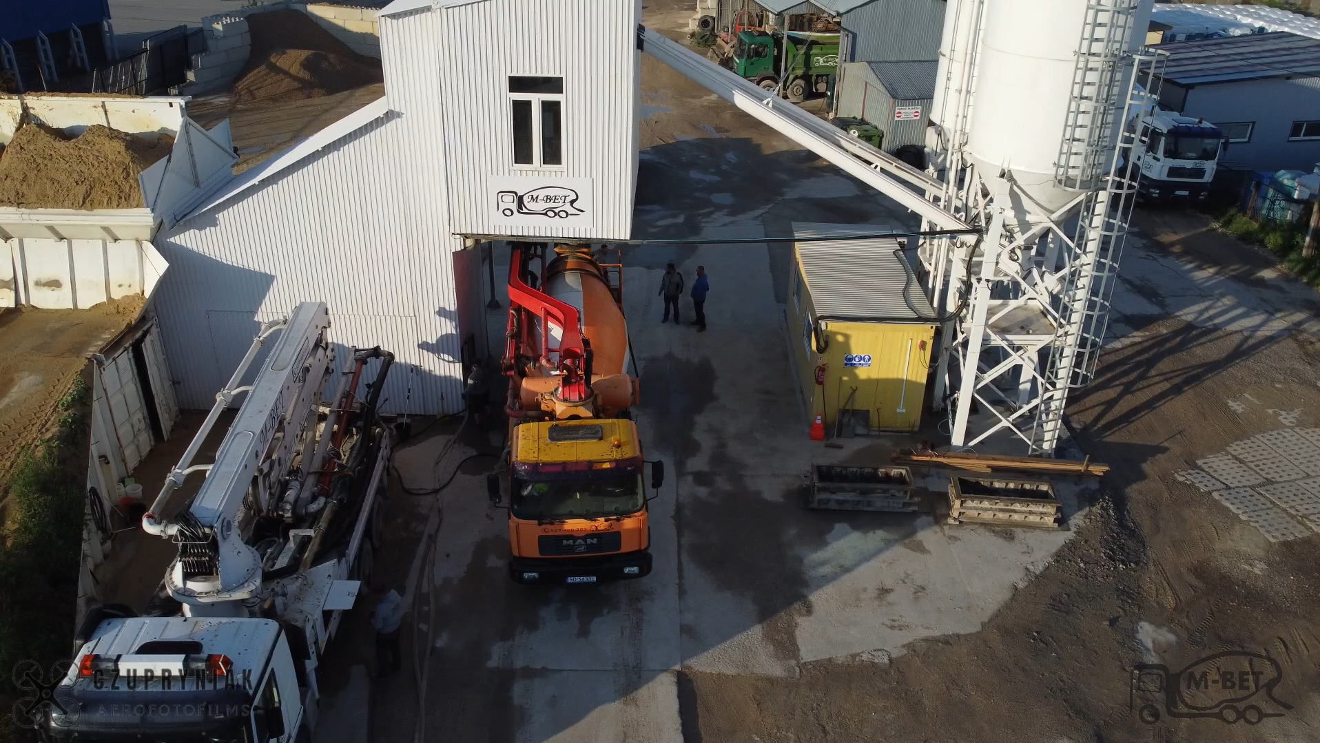 Widok z góry na betoniarnię z betonomieszarką i pompą do betonu. W tle hałda piasku i silos. Dwie osoby rozmawiają obok betonomieszarki.