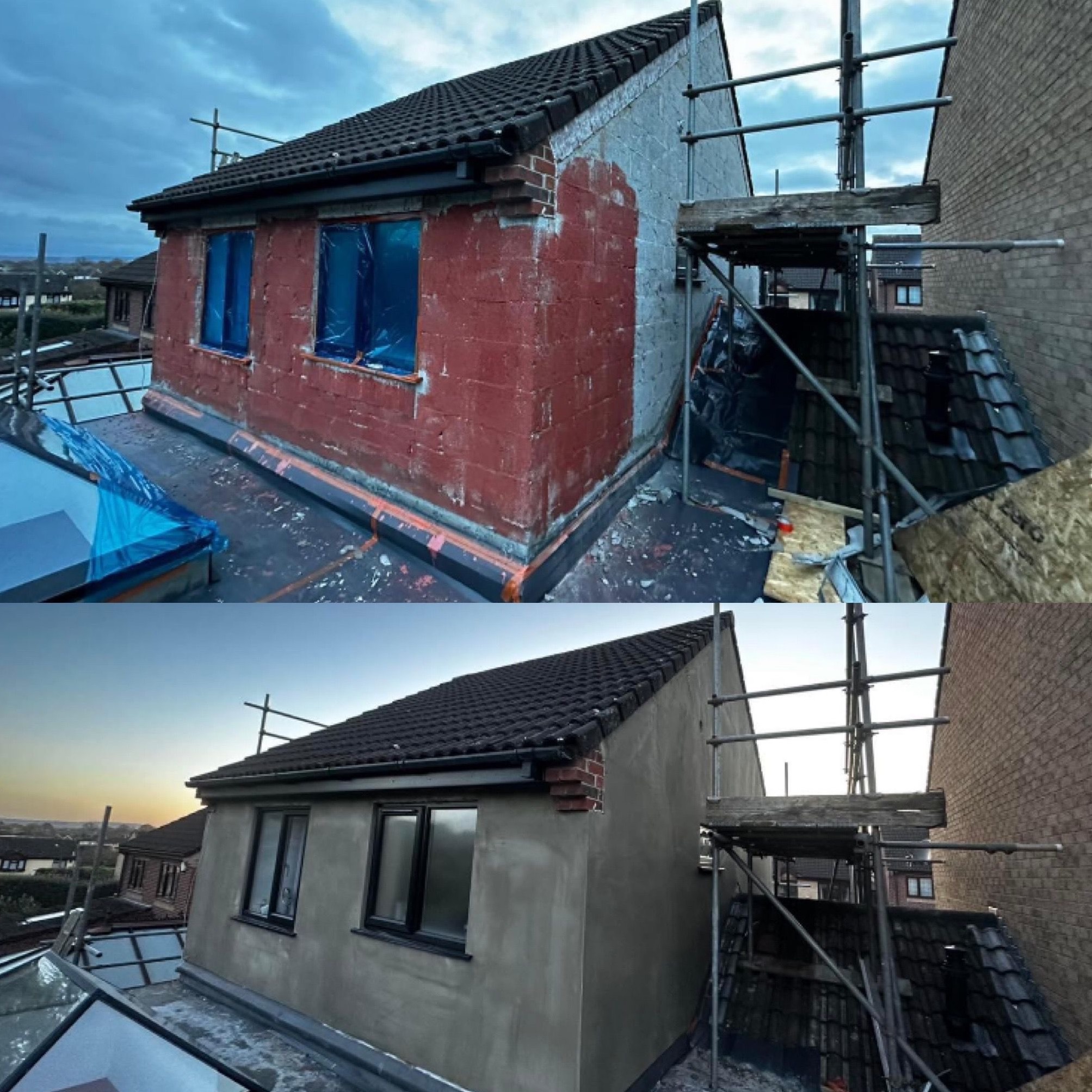 Zdjęcie 'przed i po' przedstawia elewację domu z oknami. Górna część ukazuje budynek w trakcie prac, dolna po nałożeniu gładzi. Widoczne rusztowania i zabezpieczone okna.