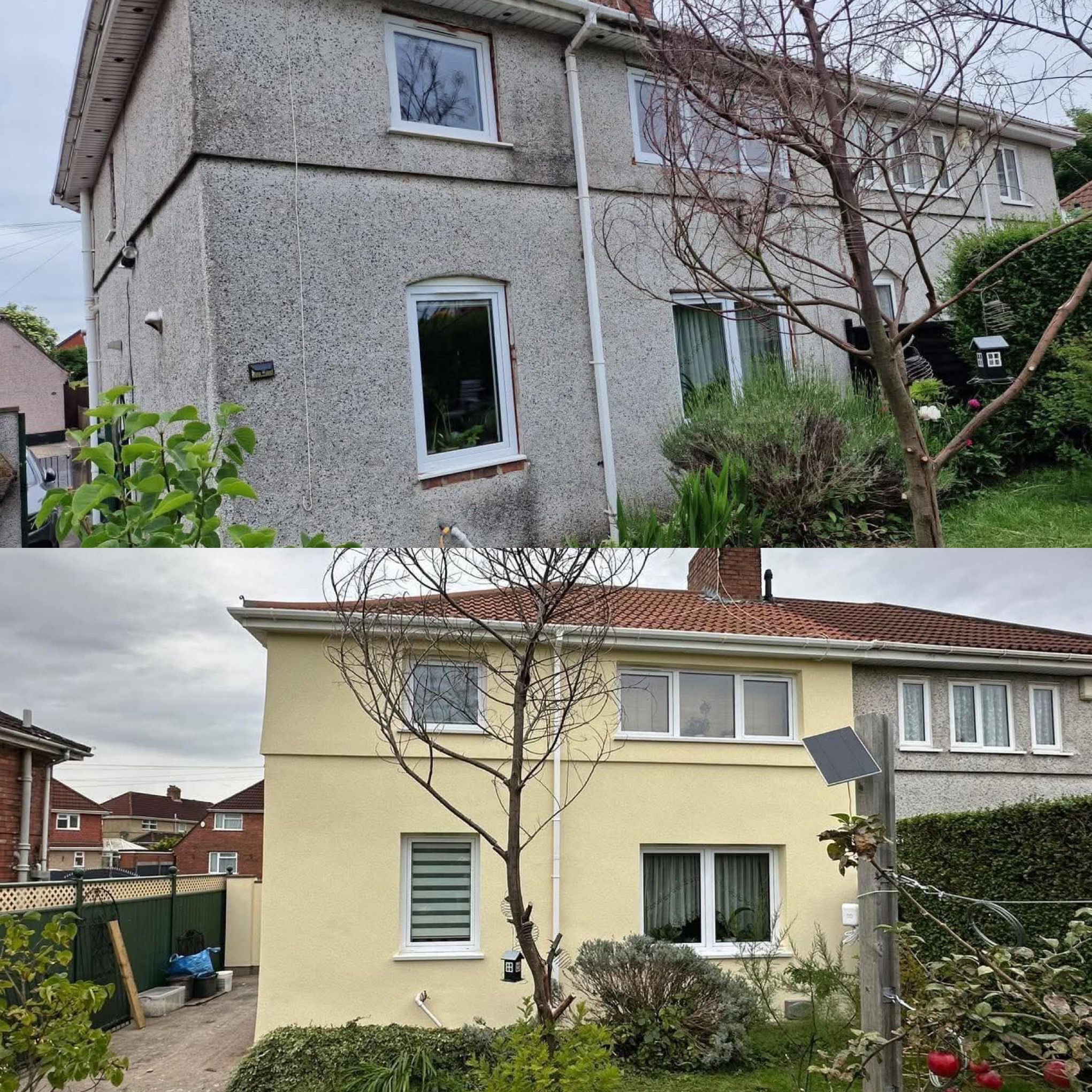 Dom przed i po malowaniu elewacji. Górna część szara, dolna żółta. Widoczne okna, drzewo i fragment ogrodu. Efekt odświeżonej fasady.