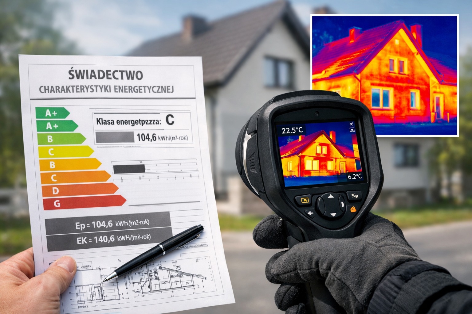 Termowizja domu z certyfikatem energetycznym klasy C, prezentowana na tle budynku. Pomiar temperatury 22.5°C. Badanie termowizyjne w rękawicy.