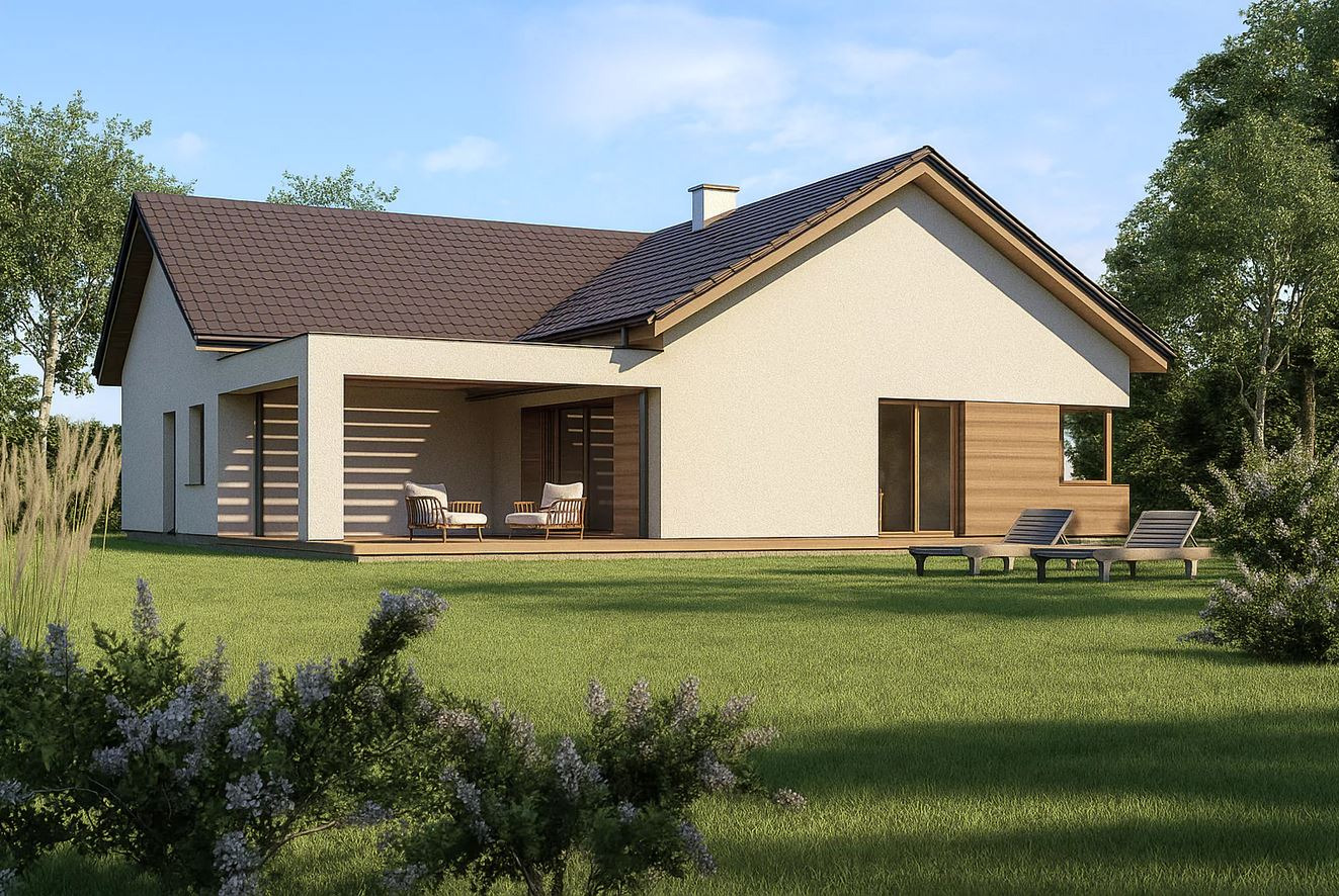 Elegancki, parterowy dom z tarasem i brązowym dachem, otoczony zielonym trawnikiem i drzewami. Dwa leżaki i krzesła tarasowe dodają uroku.