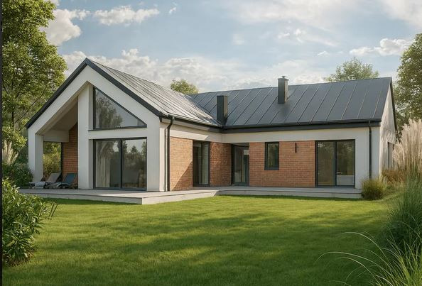 Parterowy dom z dachem dwuspadowym, wykończony cegłą i białym tynkiem, z dużymi oknami i tarasem. Widok z ogrodu, w tle drzewa i błękitne niebo.