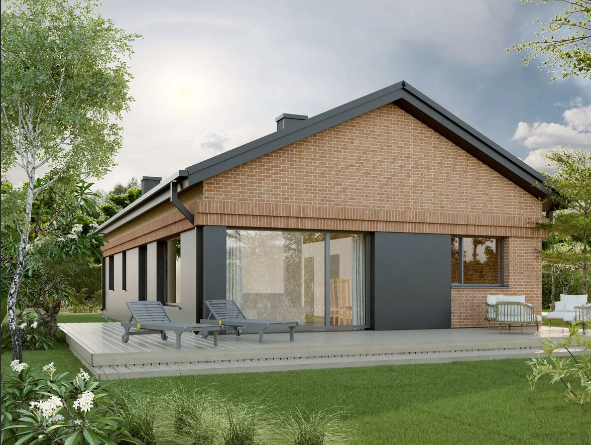Wizualizacja parterowego domu z ceglaną elewacją, dużymi oknami i tarasem z leżakami. Nowoczesny design z elementami naturalnymi, otoczony zielenią.