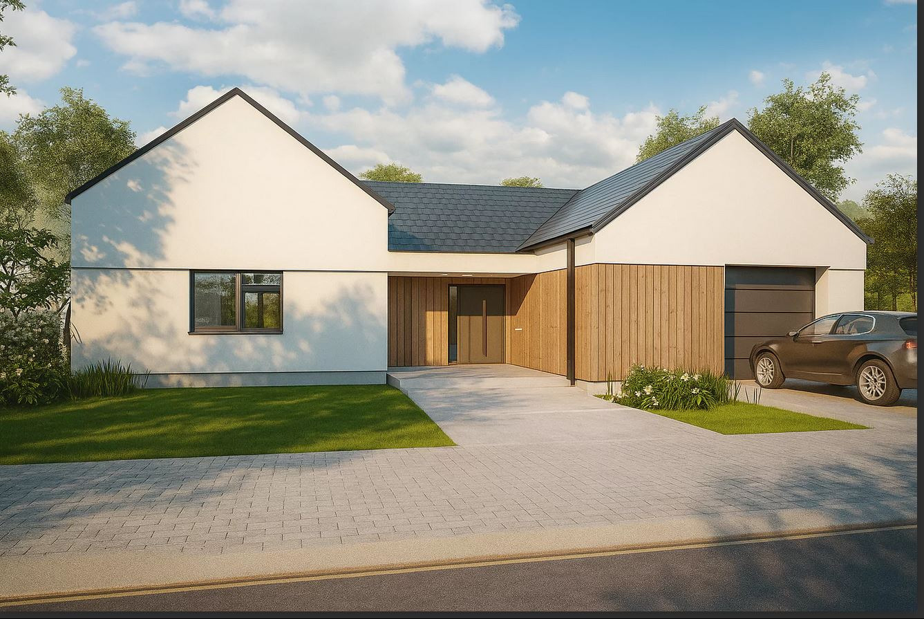Wizualizacja nowoczesnego domu jednorodzinnego z garażem, z elementami drewnianej elewacji i zadbanym trawnikiem, prezentowana w słoneczny dzień.
