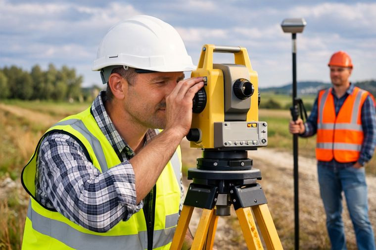Pracownik w kamizelce i kasku obsługuje żółty niwelator na trójnogu podczas pomiarów geodezyjnych w terenie w Pabianicach. W tle drugi pracownik z tyczką.