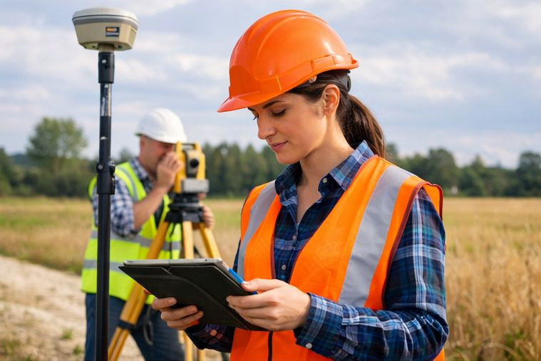 Pracownicy w terenie: kobieta w kasku i kamizelce odblaskowej obsługuje tablet, w tle mężczyzna z niwelatorem na statywie i odbiornik GPS. Prace pomiarowe.