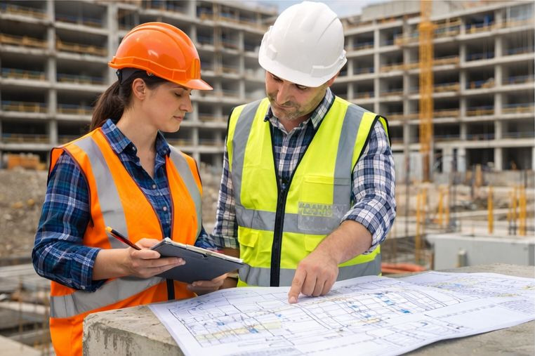Dwóch inżynierów w kaskach i kamizelkach analizuje plan budowy na tle surowego budynku w trakcie wznoszenia. Jeden wskazuje palcem na rysunek.