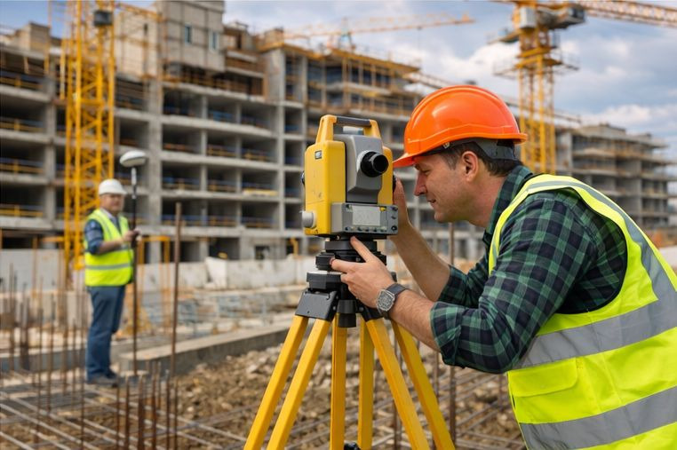 Geodeta w kasku i kamizelce mierzy niwelatorem na budowie, w tle drugi geodeta z odbiornikiem GPS i budynek w stanie surowym.
