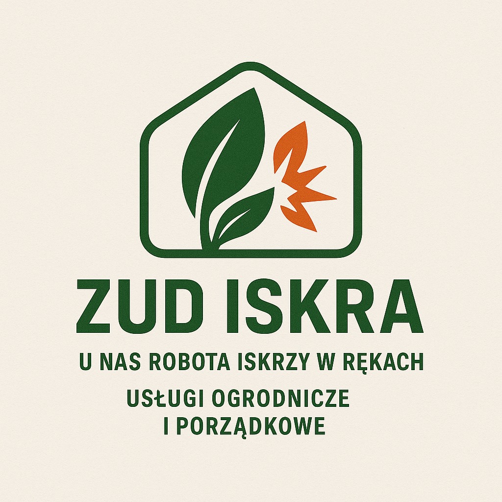 Logo firmy ZUD ISKRA z zielonymi liśćmi i pomarańczową iskrą w obrysie domu, oferującej usługi ogrodnicze i porządkowe. Hasło: U nas robota iskrzy w rękach.