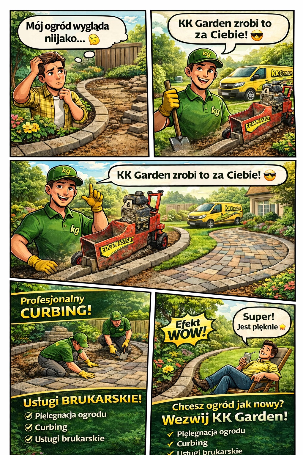 Komiks reklamowy usług brukarskich i pielęgnacji ogrodu KK Garden, prezentujący etapy pracy i zadowolonego klienta po wykonaniu usługi. Curbing i układanie kostki.