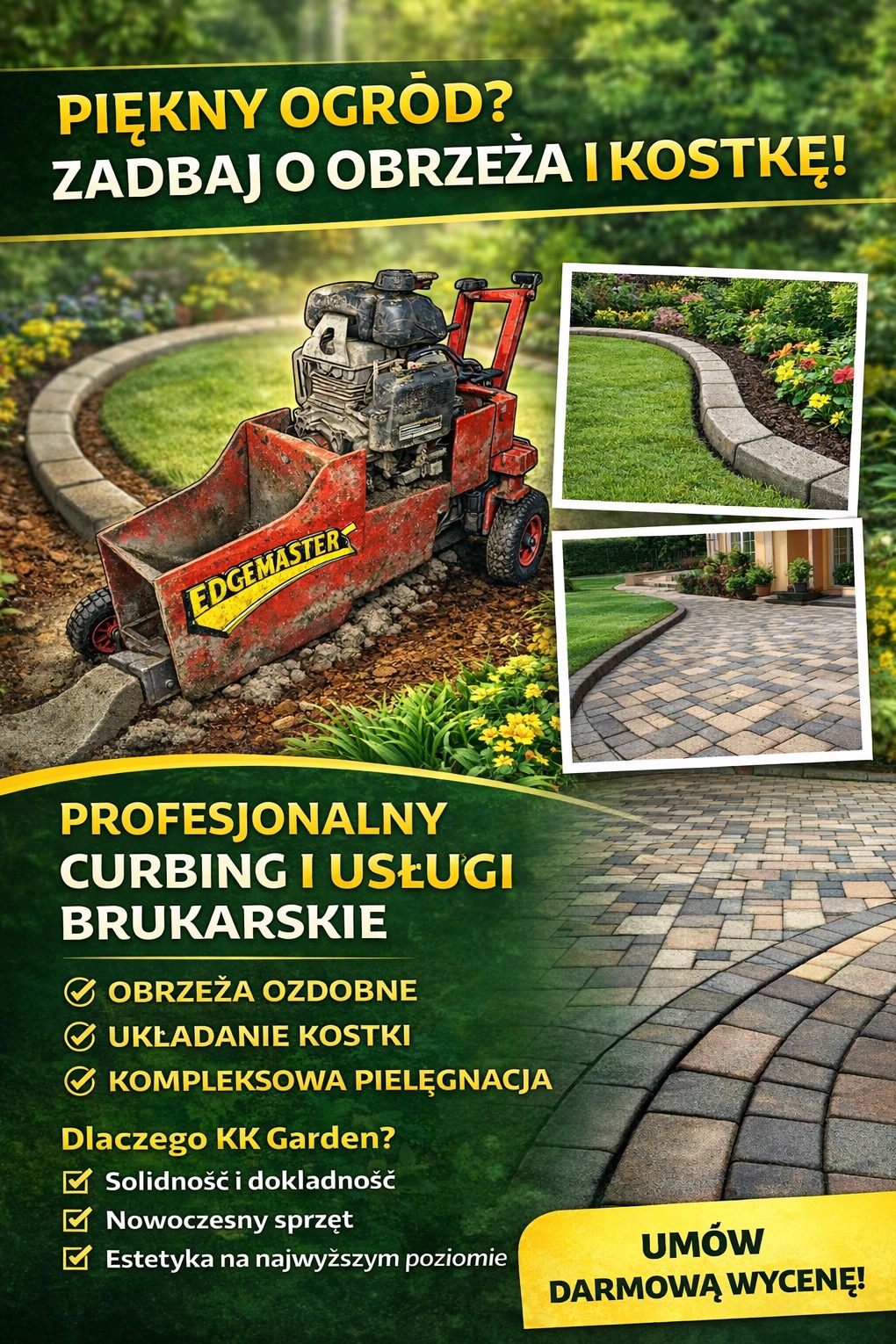 Profesjonalny curbing i usługi brukarskie: obrzeża ozdobne, układanie kostki, kompleksowa pielęgnacja. Nowoczesny sprzęt do obrzeży i kostki brukowej.