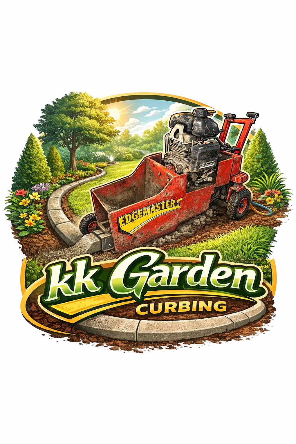 Ilustracja maszyny Edgemaster do obrzeży trawnikowych na tle ogrodu z obrzeżami i logo 'kk Garden Curbing'.