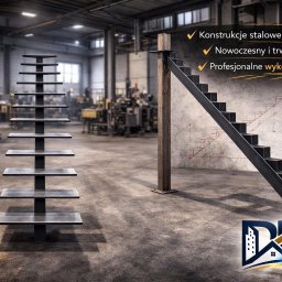 DK spawanie & Budownictwo - Metalowe schody z grafiką techniczną w tle, prezentowane w hali produkcyjnej. Widoczne elementy konstrukcyjne i logo firmy. Nowoczesny design i profesjonalne wykonanie.
