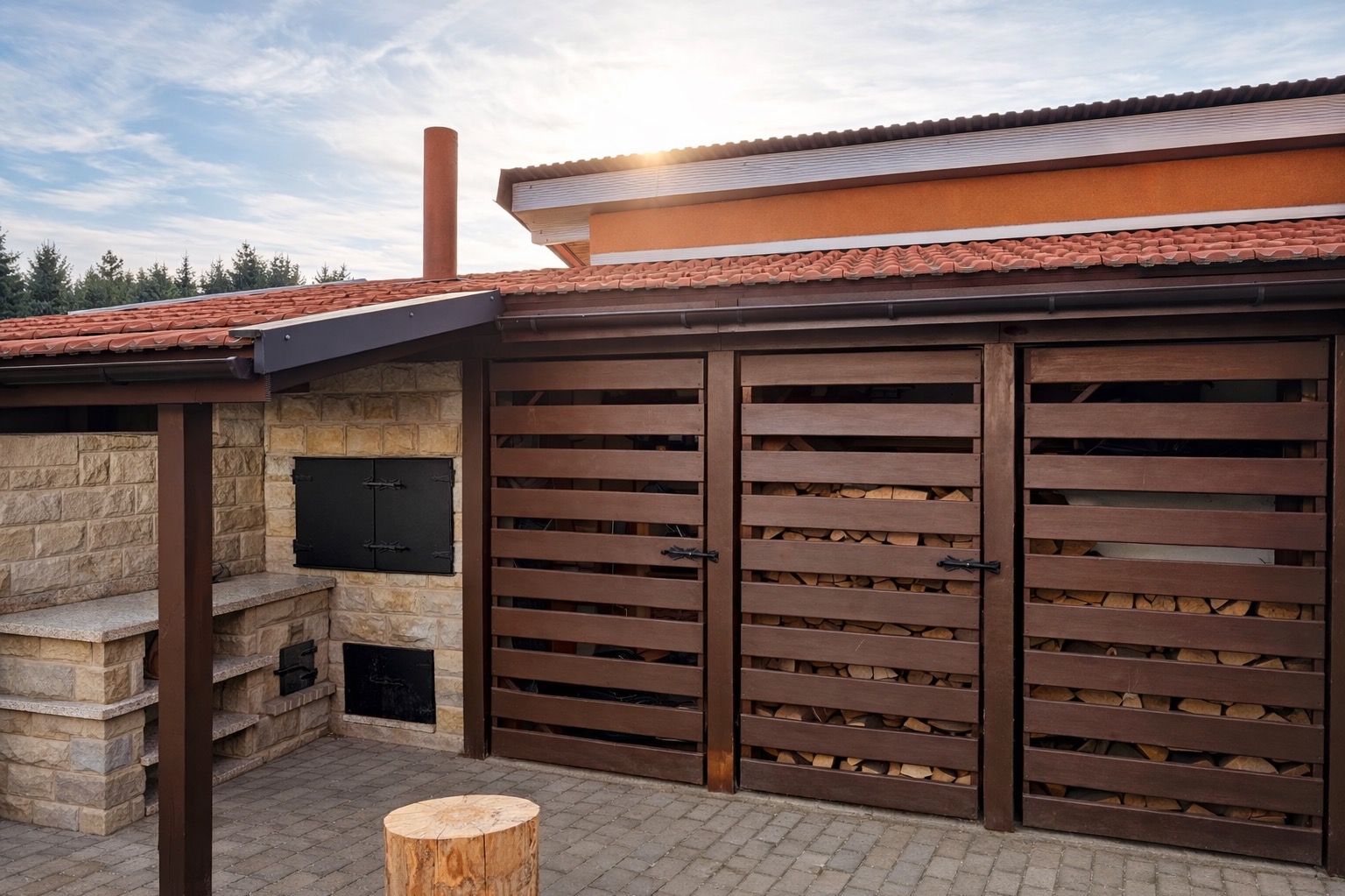 Zadaszona drewutnia z trzema parami drewnianych drzwi z poziomych listew, obok kamienny grill i piec chlebowy pod czerwoną dachówką.
