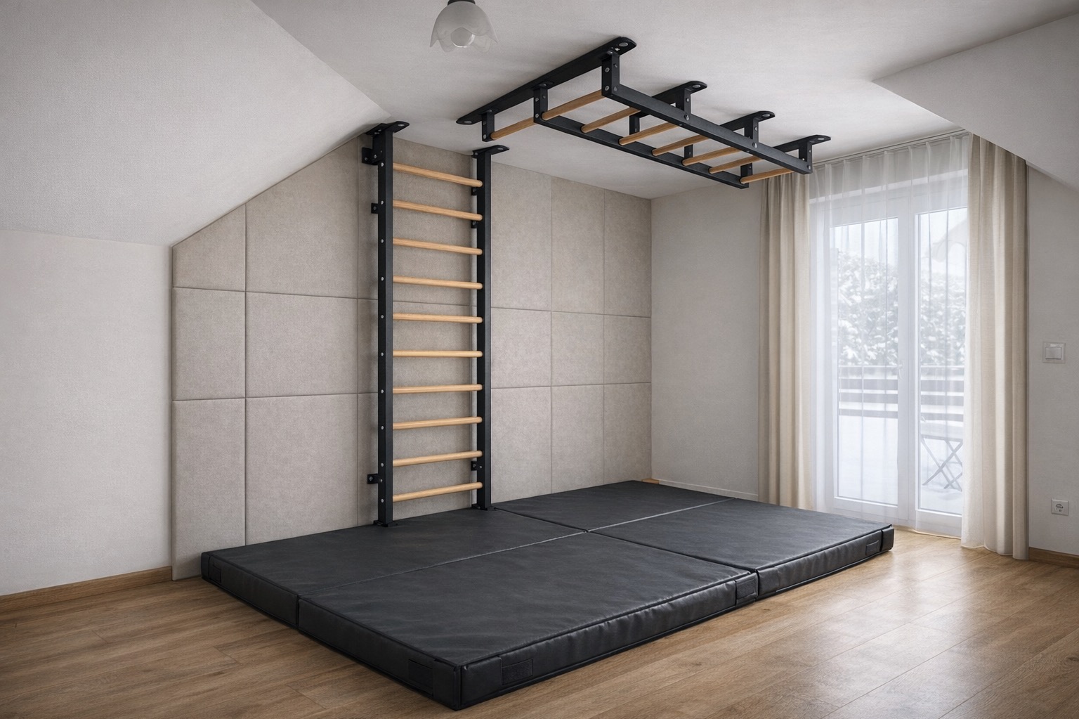 Ścianka gimnastyczna z drabinką i drążkiem mocowana do ściany i sufitu, z czarną ramą i drewnianymi szczeblami, na podłodze mata gimnastyczna w pokoju z oknem.