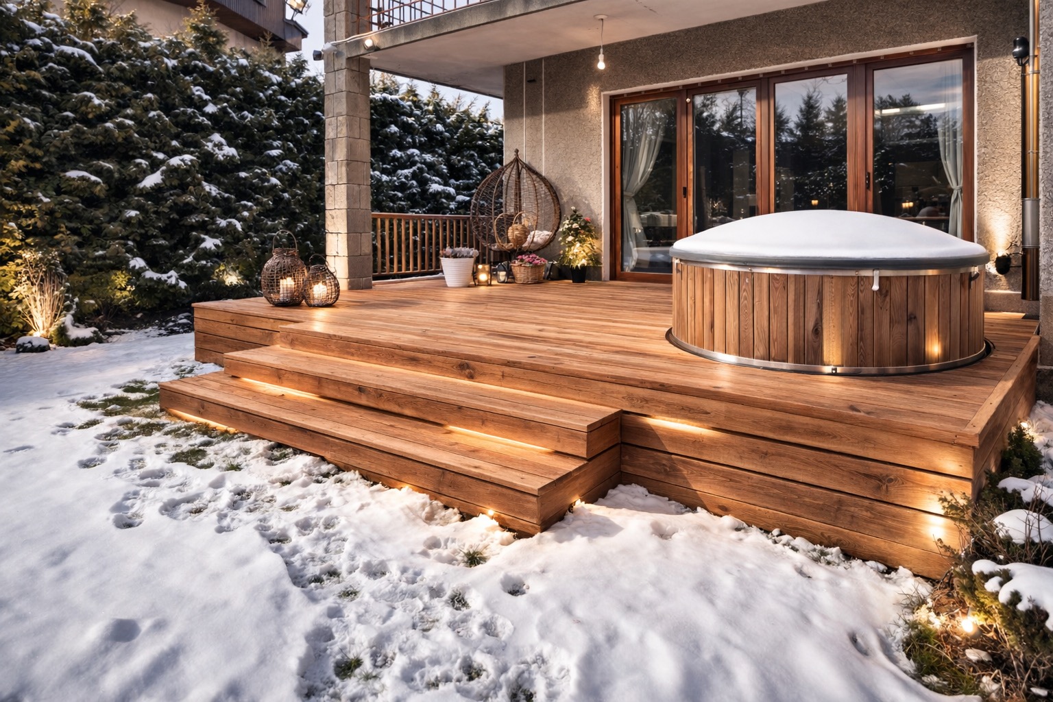 Zimowy taras z drewna z jacuzzi i oświetleniem LED w stopniach. W tle dom z balkonem i iglaki pod śniegiem. Dekoracyjne lampiony i fotel wiszący.