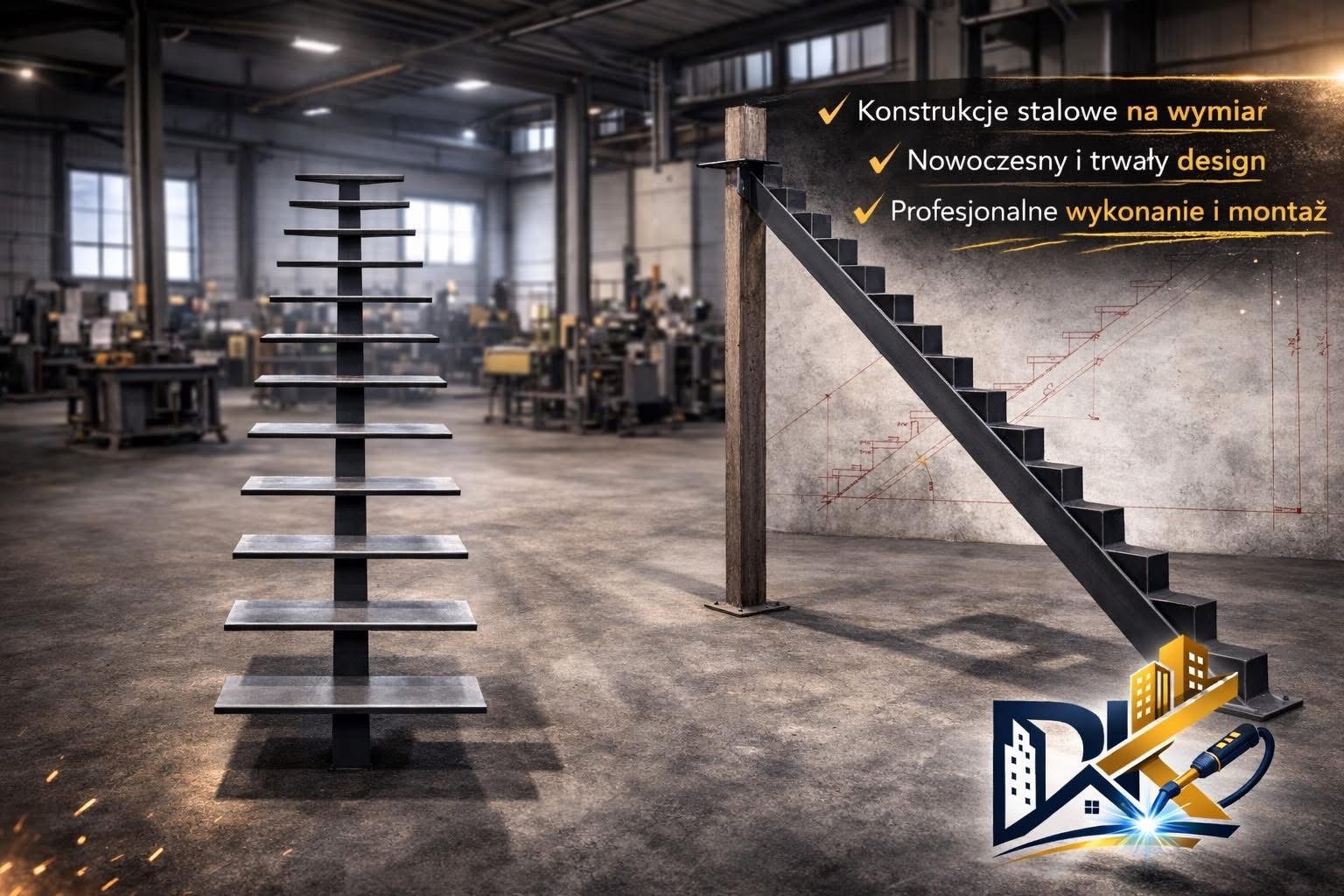 Metalowe schody z grafiką techniczną w tle, prezentowane w hali produkcyjnej. Widoczne elementy konstrukcyjne i logo firmy. Nowoczesny design i profesjonalne wykonanie.