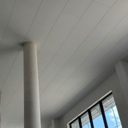 Good-Wall s.c. - Biały sufit kasetonowy z kolumną w nowoczesnym wnętrzu, widok z dołu. Okno z widokiem na niebo. Realizacja z Bydgoszczy.