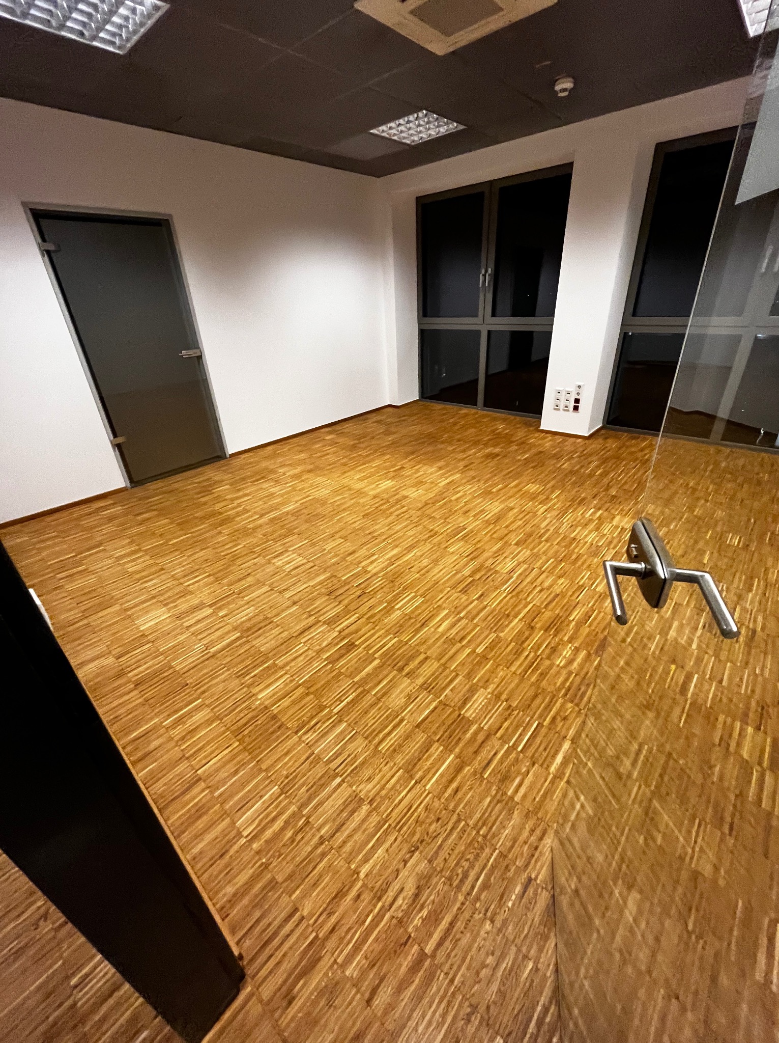 Jasna, odnowiona podłoga parkietowa w biurze z szarymi drzwiami i oknami. Widoczny fragment szklanej ściany z metalowym uchwytem. Oświetlenie sufitowe.
