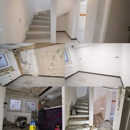 BMHS - Kolaż zdjęć prezentujący remont mieszkania: schody, pokój przed i po malowaniu, pomieszczenie z barem w trakcie prac. Widoczne narzędzia i materiały budowlane.