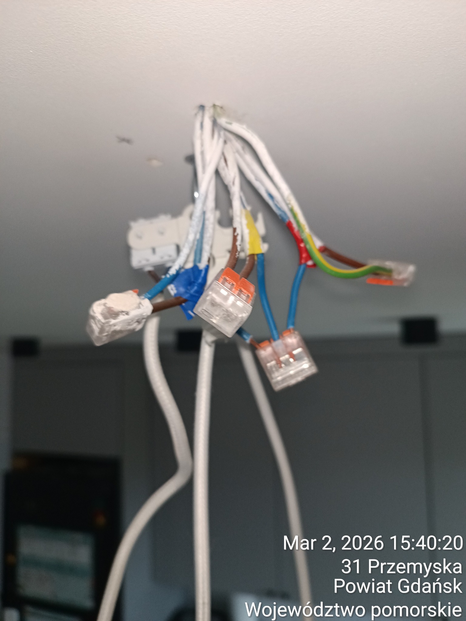 Wiązka przewodów elektrycznych pod sufitem, złączki WAGO w różnych kolorach, widoczne kable w izolacji. Fragment instalacji elektrycznej w pomieszczeniu.