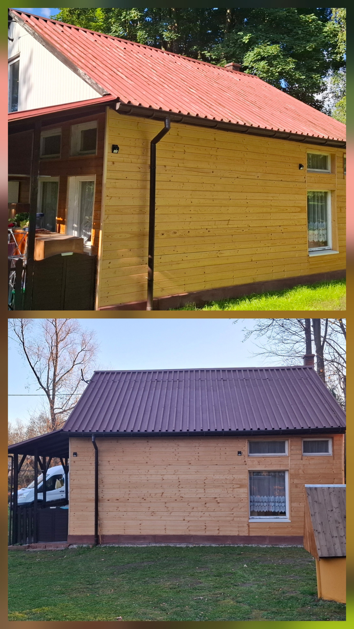 Porównanie elewacji drewnianego domu przed i po malowaniu: odcień naturalnego drewna z czerwonym dachem kontra jasny odcień drewna z brązowym dachem.