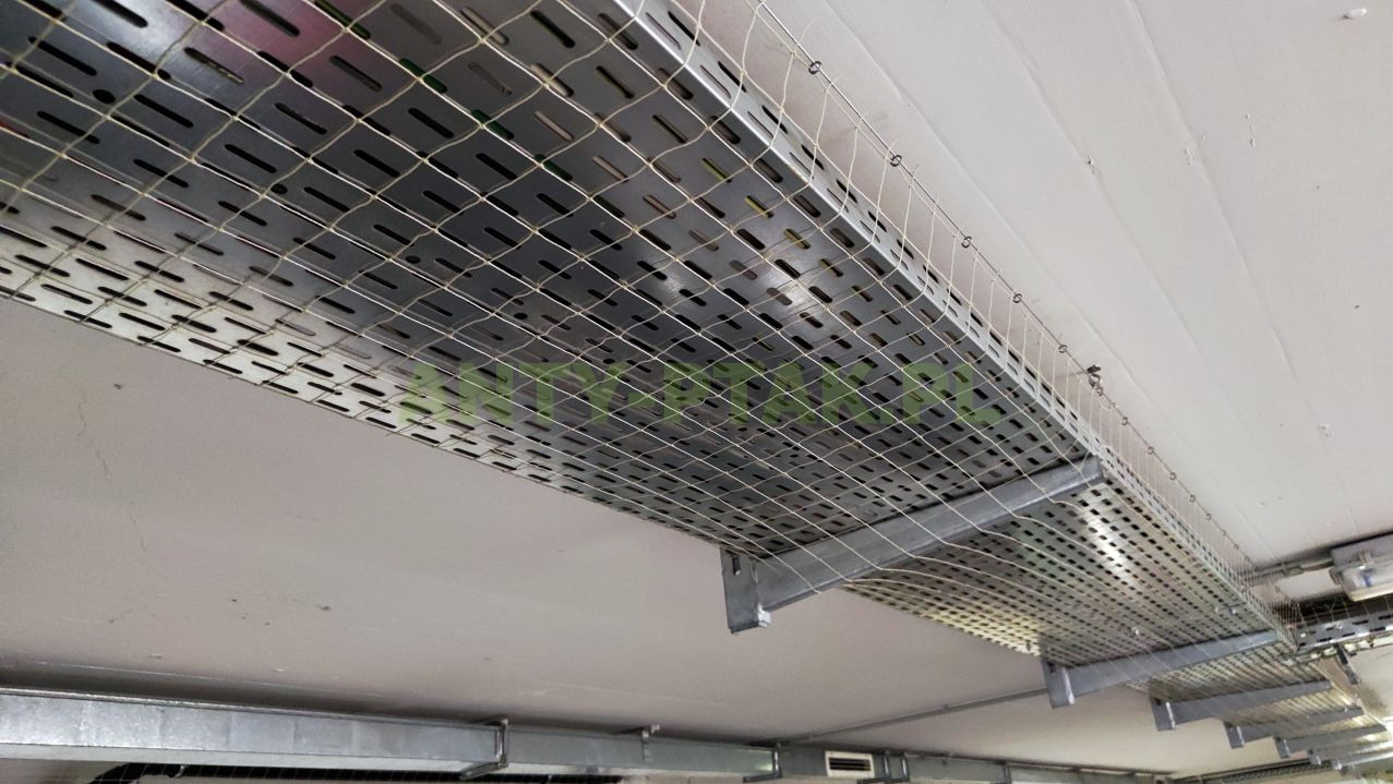 Metalowe korytka kablowe pod sufitem, zabezpieczone siatką ochronną. Widok z dołu, ukazujący system mocowań i perforowaną konstrukcję.