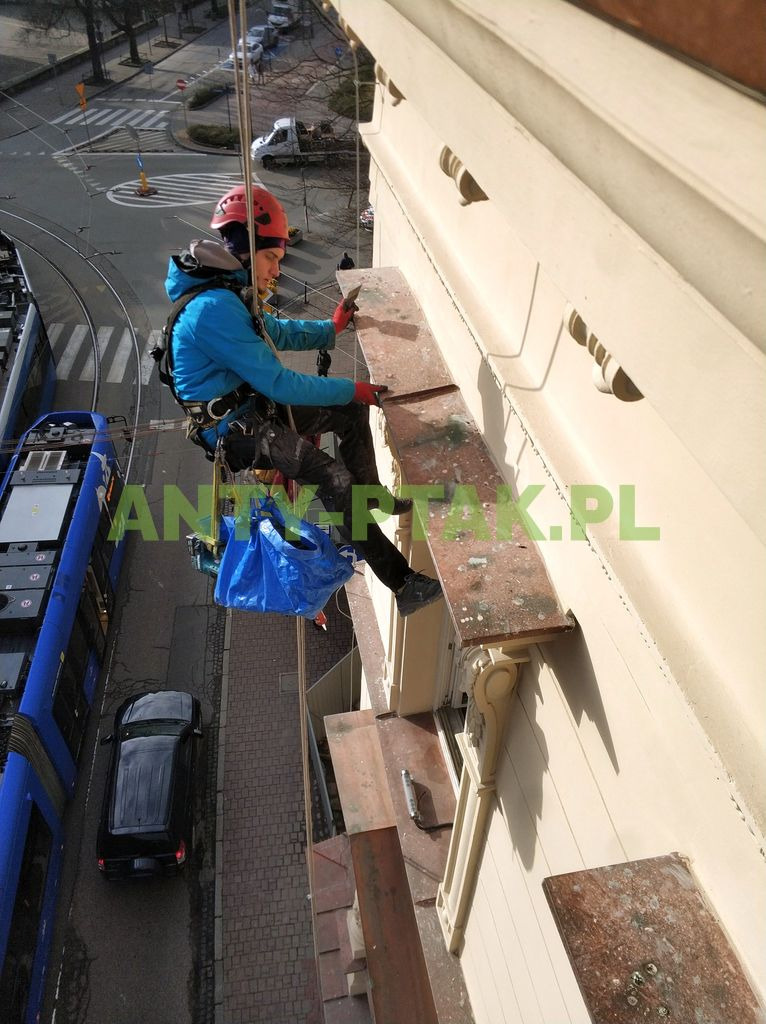 Pracownik na linie zabezpieczającej, w kasku i uprzęży, czyści elewację budynku. Widok z góry na ulicę z tramwajem i samochodem. Słoneczny dzień.