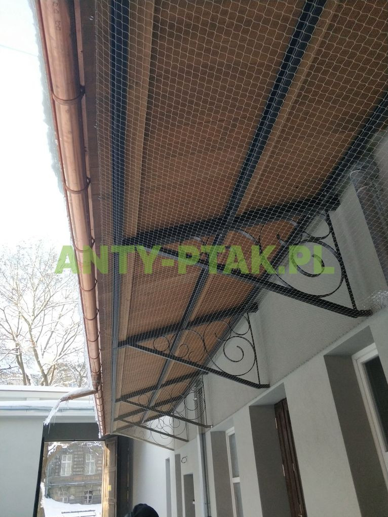 Siatka ochronna przeciw ptakom zamontowana pod okapem budynku, widoczna z dołu pod kątem. Metalowa konstrukcja wspiera siatkę. Zima, w tle ośnieżone drzewa.