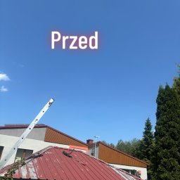 Skyline Malowanie i Renowacja Dachów Grzegorz Opyrchał - Zdjęcie dachu altany przed renowacją, z widoczną drabiną opartą o budynek w tle i napisem 'Przed' na niebie. Widoczne ślady korozji i zabrudzeń na czerwonej powierzchni dachu.