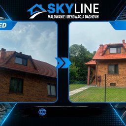 Skyline Malowanie i Renowacja Dachów Grzegorz Opyrchał - Ceglany dom jednorodzinny z dachem przed i po renowacji. Po lewej stronie dach pokryty mchem, po prawej czysty, świeżo odnowiony na intensywny czerwony kolor. Widoczne logo firmy SKYLINE.
