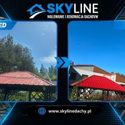 Skyline Malowanie i Renowacja Dachów Grzegorz Opyrchał - Dach altany ogrodowej przed i po renowacji: po lewej wyblakły, matowy, czerwony metalowy dach, po prawej intensywnie czerwony, lśniący, świeżo odnowiony.