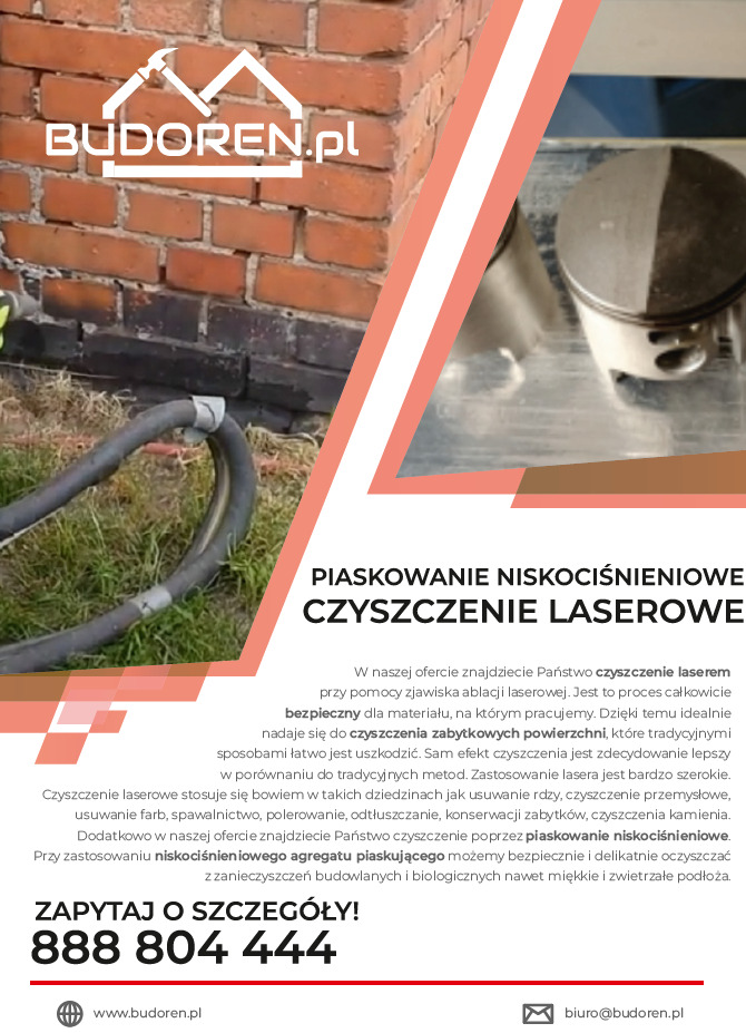 Czyszczenie laserowe: ceglana ściana z efektem czyszczenia, obok tłok silnika przed i po czyszczeniu. Reklama firmy Budoren.pl.