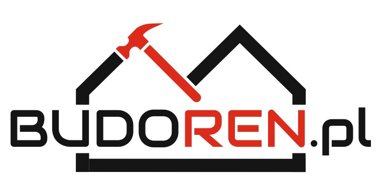 Logo firmy budowlanej Budoren.pl z czerwonym młotkiem stylizowanym na dach domu. Czarno-czerwona kolorystyka, nowoczesny font.