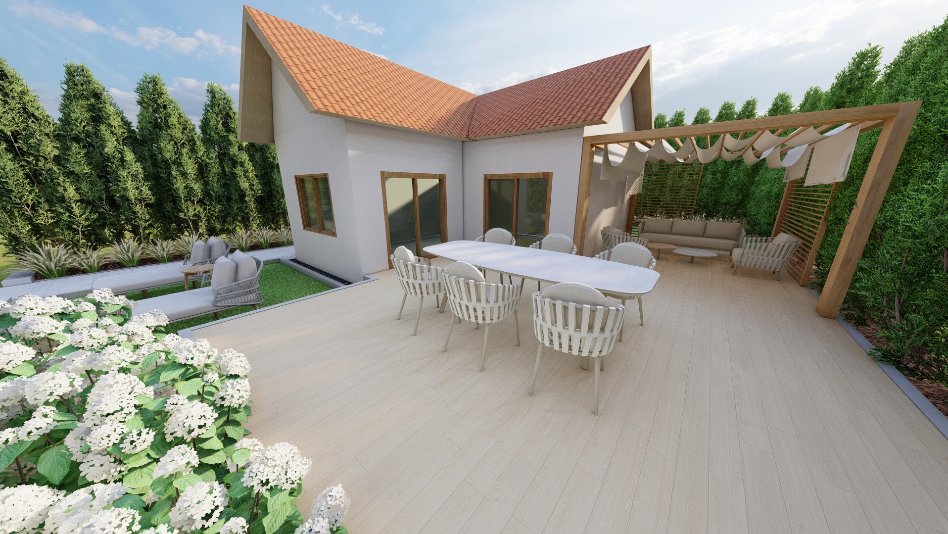 Stylowy taras z pergolą i meblami ogrodowymi w Świerklańcu. Widoczne białe hortensje, wysokie tuje i jasna kostka brukowa. Projekt ogrodu z elementami relaksu.