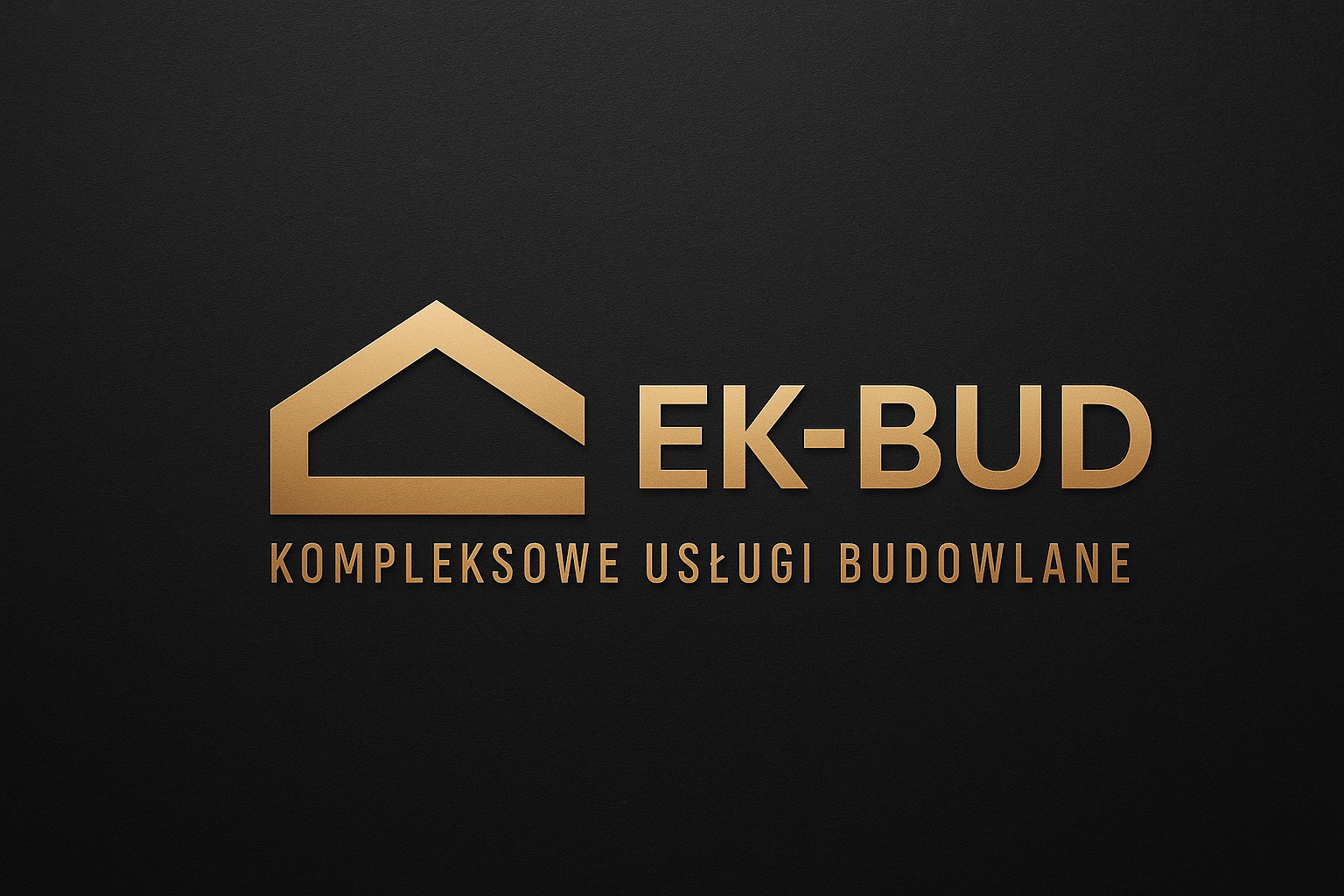Złote logo firmy EK-BUD na czarnym tle z napisem 'Kompleksowe Usługi Budowlane' w eleganckim stylu.
