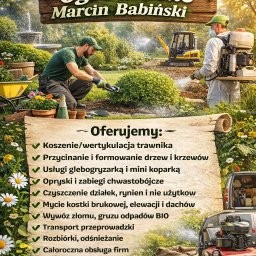USŁUGI OGRODNICZE MARCIN BABIŃSKI - Usługi ogrodnicze: przycinanie krzewów, opryski, glebogryzarka, czyszczenie działek, mycie kostki, wywóz odpadów BIO, transport, rozbiórki, odśnieżanie, obsługa firm.