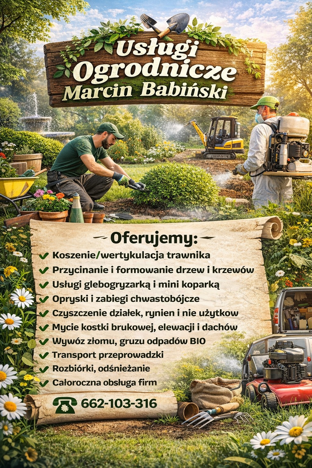 Usługi ogrodnicze: przycinanie krzewów, opryski, glebogryzarka, czyszczenie działek, mycie kostki, wywóz odpadów BIO, transport, rozbiórki, odśnieżanie, obsługa firm.