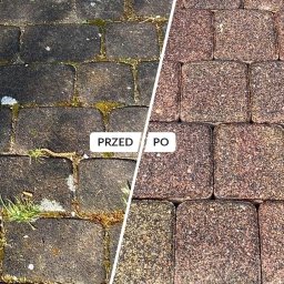 SEDONA AUTO MARCIN POKORSKI - Kostka brukowa: widok przed i po. Lewa strona zarośnięta mchem i brudem, prawa strona czysta, ukazująca naturalny kolor kamienia. Efekt czyszczenia.