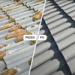 SEDONA AUTO MARCIN POKORSKI - Dachówka przed i po zabiegu czyszczenia w Łodzi. Po lewej dach pokryty mchem, po prawej czysta, szara dachówka. Efekt 'przed i po' z bliska.