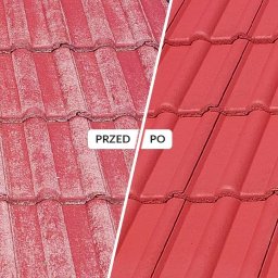 SEDONA AUTO MARCIN POKORSKI - Czerwona dachówka przed i po zabiegu czyszczenia. Lewa strona pokryta zabrudzeniami, prawa strona czysta, intensywny kolor. Widoczny podział na pół.